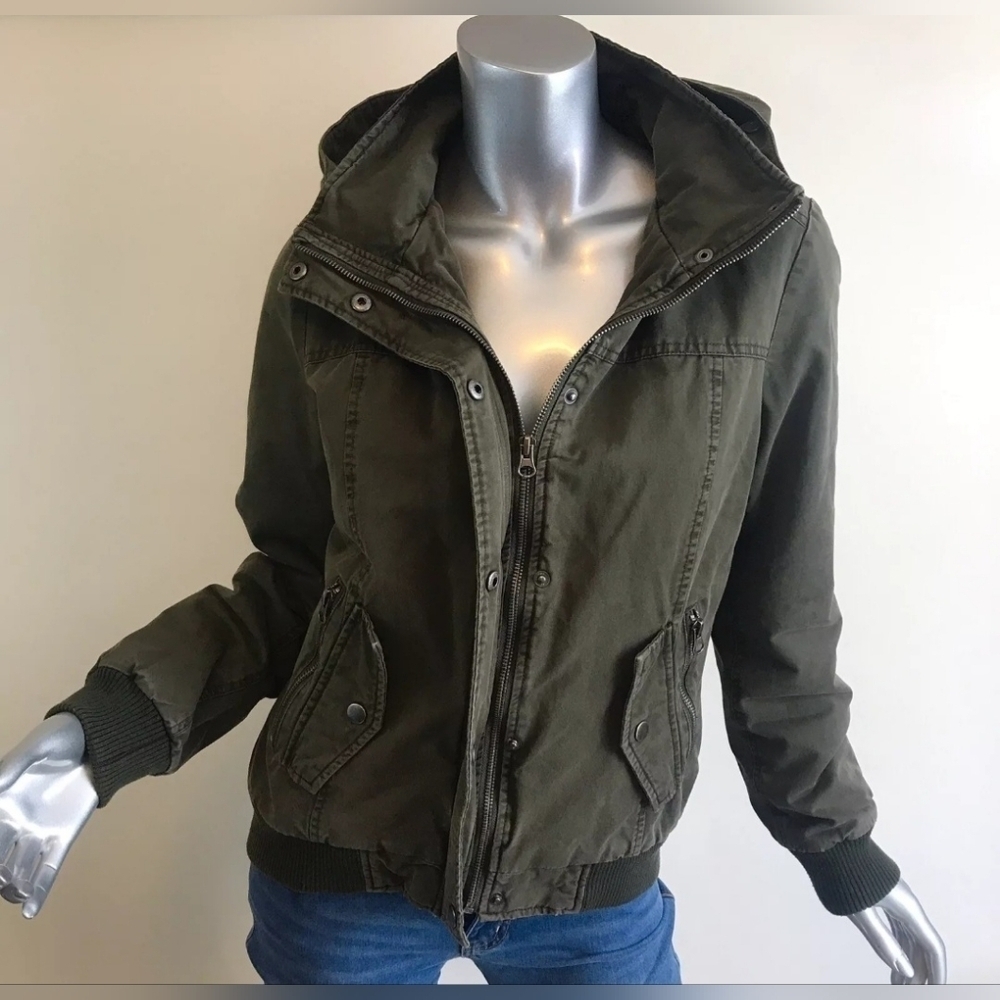 NWOT | G.H. Bass & Co | Bomber Jacket Coat | Fur Trim Hood | L | Olive Green - Picture 5 of 16